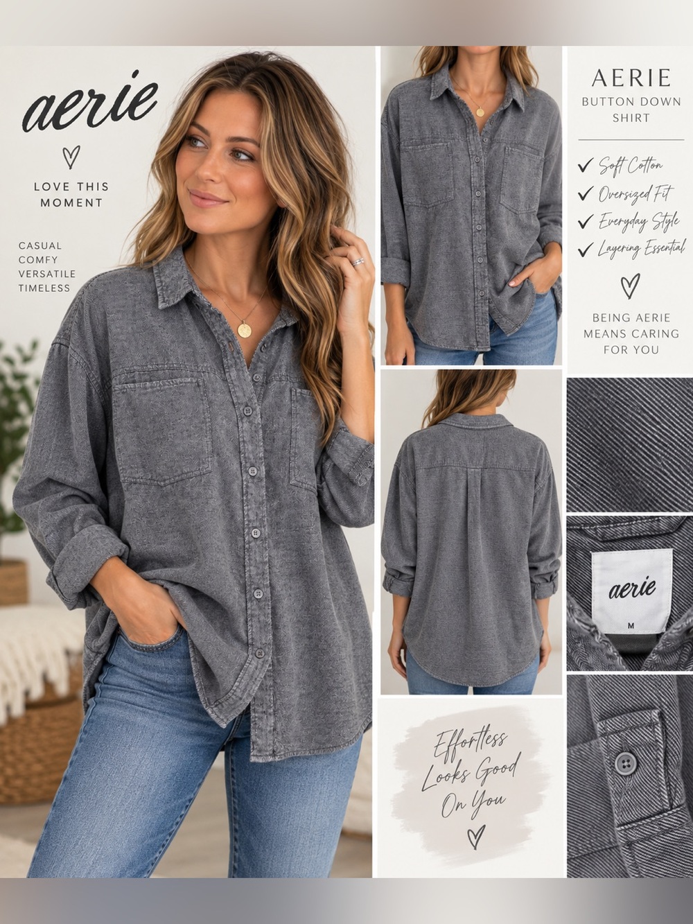 Aerie Women’s M Gray Oversized Button Down Shirt 100% Cotton Shacket
